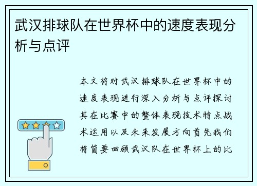 武汉排球队在世界杯中的速度表现分析与点评