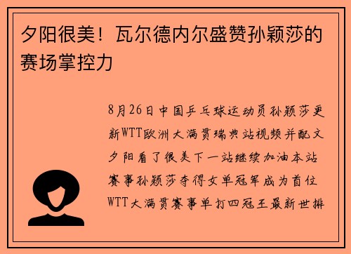 夕阳很美！瓦尔德内尔盛赞孙颖莎的赛场掌控力